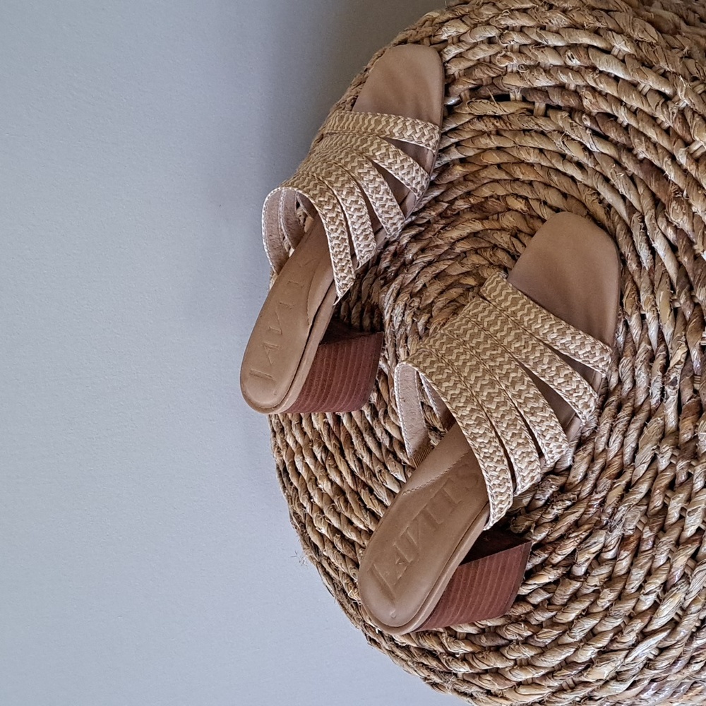 NWOT Eric Javits Women's Woven Raffia Multi-Strap Sandal Block Heels S-6